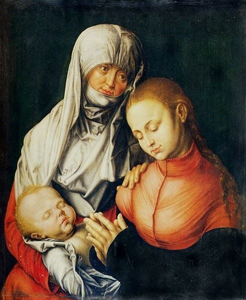 Albrecht Durero, Virgen y niño con Santa Ana, 1519. El color rojo se hizo con minio o rojo de plomo