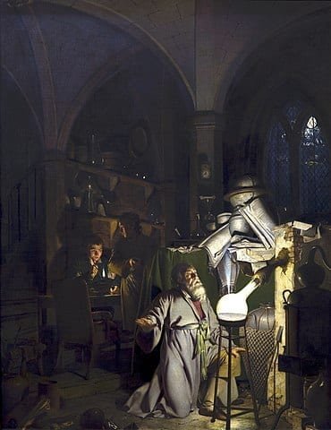 Hennig Brand retratado en la obra de Joseph Wright of Derby, El alquimista descubriendo el fosforo