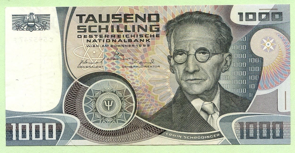Billete de 1000 chelines con el rostro de Erwin Schrödinger (Austria 1983)