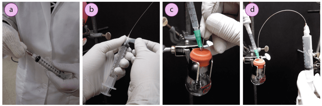 Imagen 6. a) Atornillar la aguja en el cabezal de la jeringa, b) Envolver la articulación con Parafilm, c) Insertar la aguja en un frasco lleno de gas inerte, d) Retirar el gas inerte para enjuagar la jeringa.