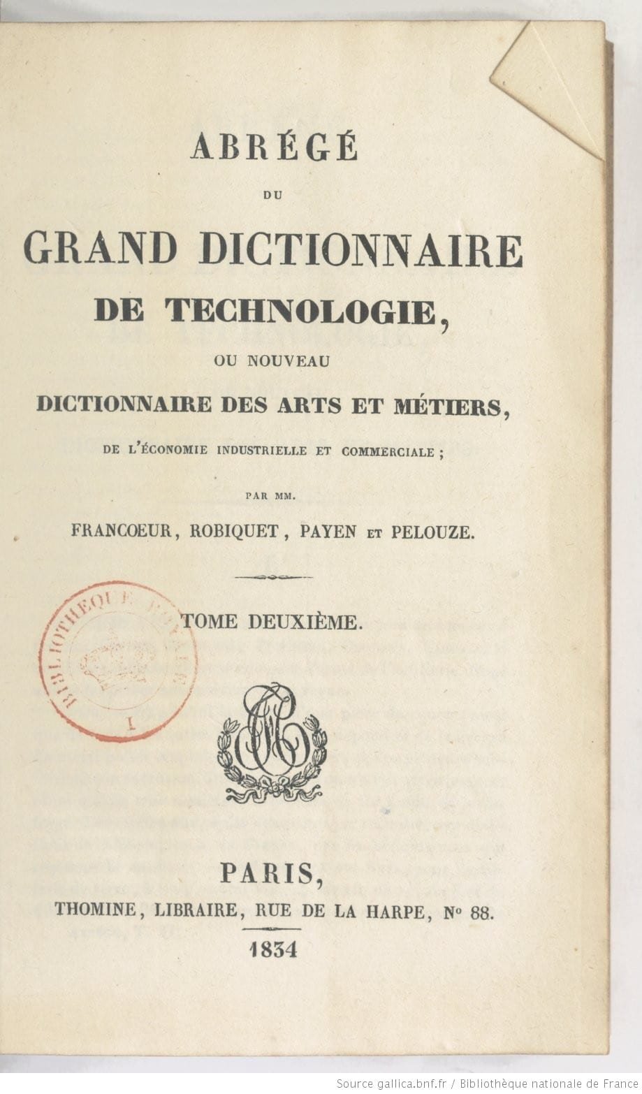 Primera página de uno de los tomos de Grand dictionnaire de technologie, donde Anselme Payen colaboró con diversos artículos 