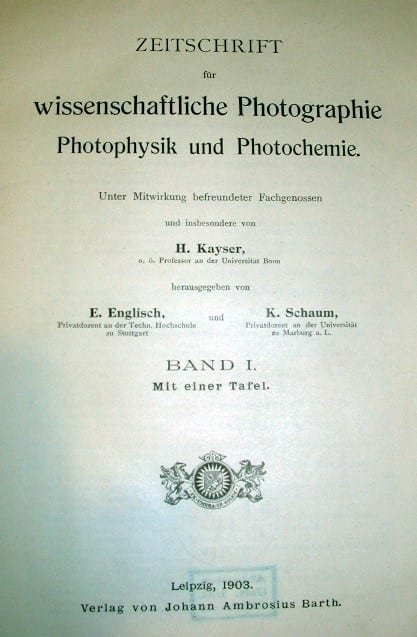 Portada del Zeitschrift für wissenschaftliche Photographie, Photophysik und Photochemie, coeditada por Kayser