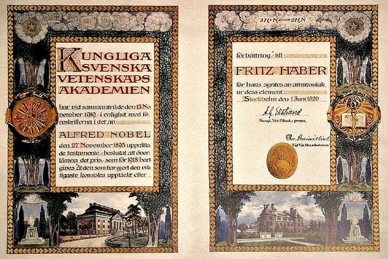 Diploma del premio Nobel de química otorgado a Haber en 1918