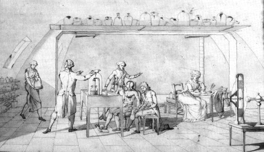 Madame Lavoisier mientras asistía a su marido en sus investigaciones científicas sobre la respiración humana; es visible en la mesa del extremo derecho.
