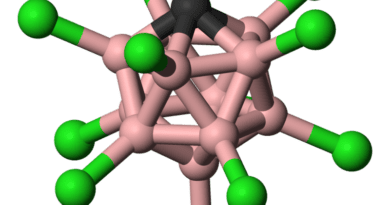Modelo de bolas y palos de [CHB11Cl11]-. (No se muestra el protón ácido). hidrógeno - blanco, cloro - verde, boro - rosa, carbono - negro.