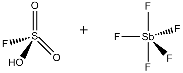 Estructura 2D de los componentes del ácido mágico (ácido fluorosulfúrico (HSO3F) y pentafluoruro de antimonio (SbF5))