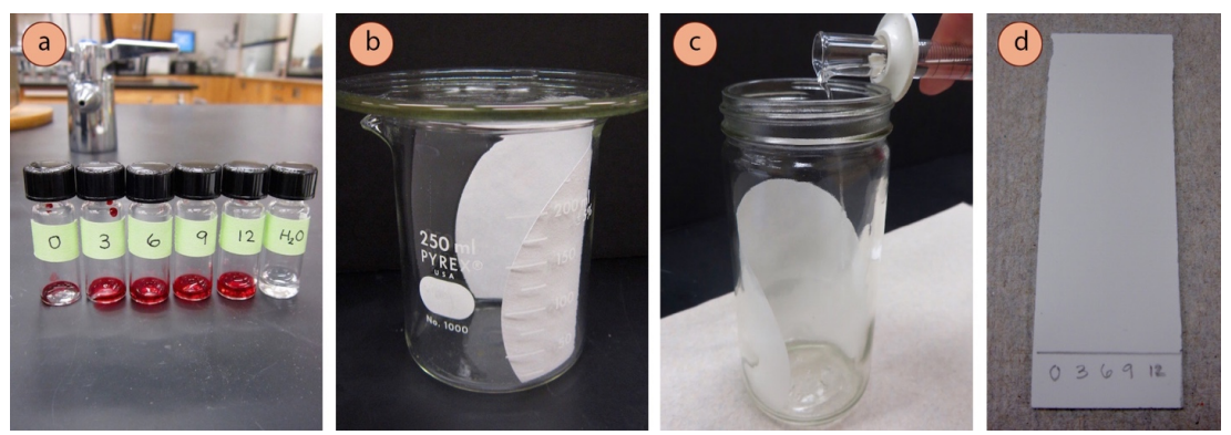 TLC hecha con un vaso de precipitados y un vidrio de reloj, c) Adición de eluyente a una cámara de TLC, d) Placa preparada