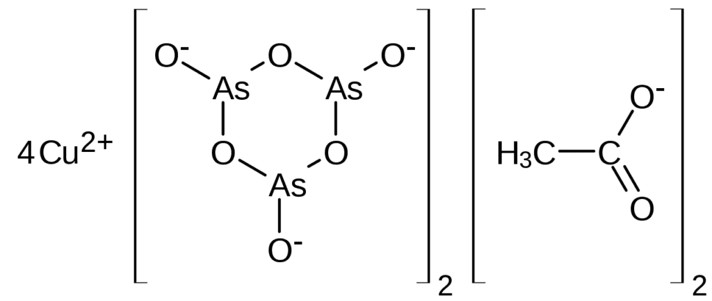 Estructura química del verde de París, triarsenita de acetato de cobre(II) o acetoarsenita de cobre(II)