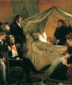 Esta pintura altamente estilizada de Carl von Steuben representa a Napoleón en su lecho de muerte, rodeado de miembros de su corte y de su casa.