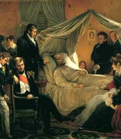Esta pintura altamente estilizada de Carl von Steuben representa a Napoleón en su lecho de muerte, rodeado de miembros de su corte y de su casa.