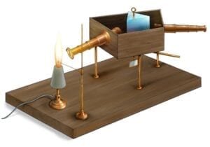 (Dibujo del espectroscopio de Kirchhoff, fuente https://www.beautifulchemistry.net/kichhoff)