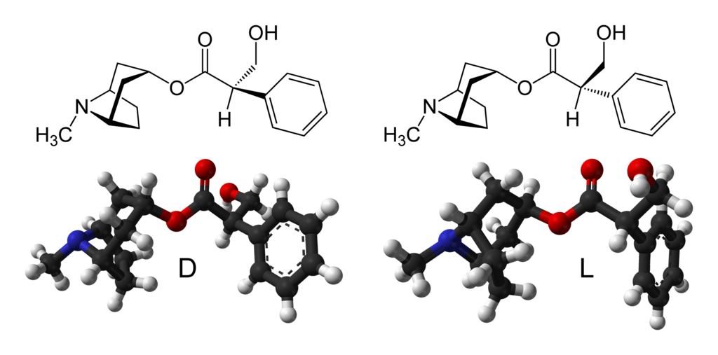 Fórmulas esqueléticas y modelos de bola y palo de los isómeros D y L de la molécula de atropina, C17H23NO3