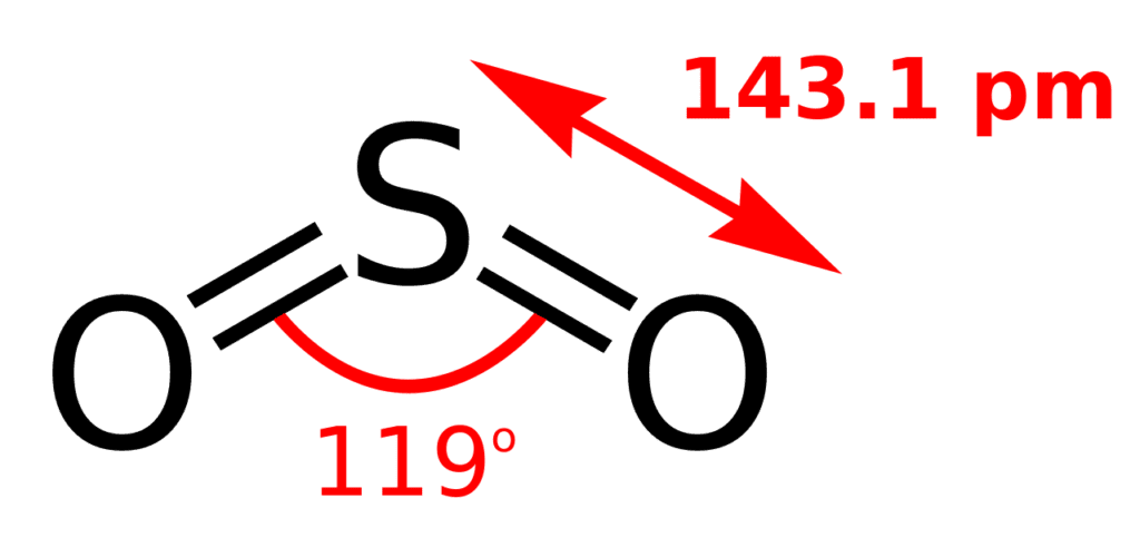 Fórmula esquelética de dióxido de azufre con sus dimensiones