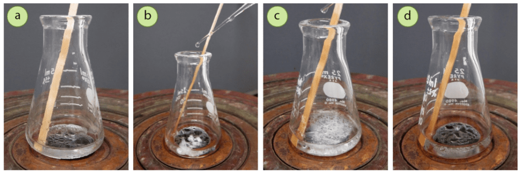 Figura 3: a) Adición de suficiente disolvente soluble (metanol) para disolver el sólido, b) Adición del disolvente insoluble (agua) gota a gota, c) Enturbiamiento sostenido tras la adición de suficiente disolvente insoluble, d) Adición de disolvente soluble para aclarar.