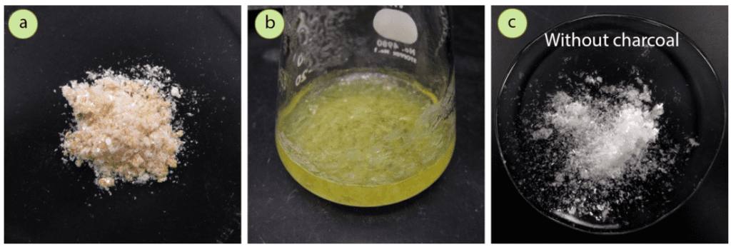 Figura 4: a) Sólido crudo de acetanilida mezclado con varias gotas de rojo de metilo, b) Cristalización, observando que el licor madre está muy coloreado, c) Sólido cristalizado sin color evidente.