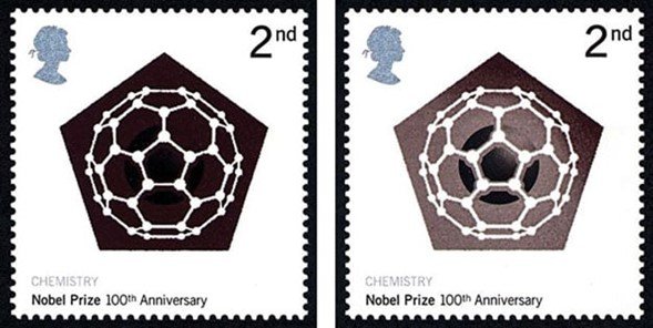 Sello postal en honor a los 100 años del premio Nobel con dibujos de fullerenos
