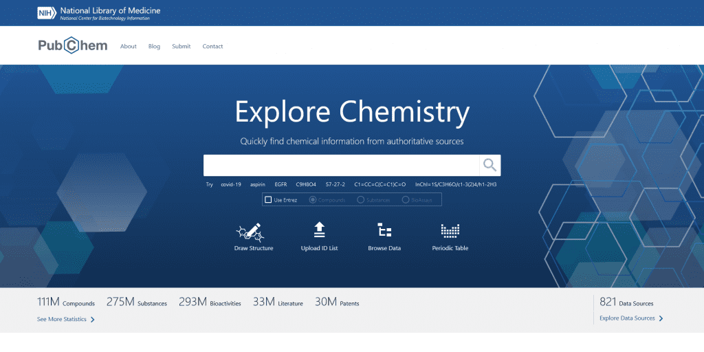 Pantalla inicial de PubChem
