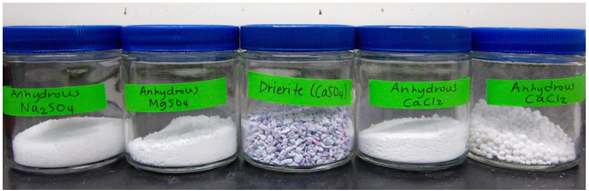 sos agentes de secado: Na2SO4 anhidro, MgSO4 anhidro, CaSO4 (Drierite) y CaCl2 anhidro
