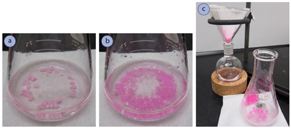 gura 6: a) Capa de acetato de etilo con una pequeña cantidad de colorante alimentario rojo disuelto. Con la adición de MgSO4 anhidro blanco, el agente desecante se volvió rosa, lo que demuestra que el agente desecante ha adsorbido el colorante, b) Con más MgSO4, el agente desecante se volvió más rosa, c) Incluso después de un paso de enjuague, el ag