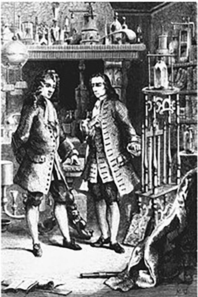 Robert Boyle y Denis Papin inspeccionando el digestor de Papin