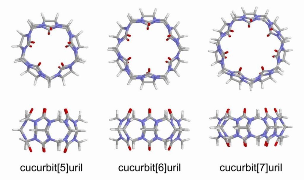 Modelos informáticos de CB[5], CB[6] y CB[7]. La fila superior es la vista del interior de la cavidad y la inferior es la vista lateral