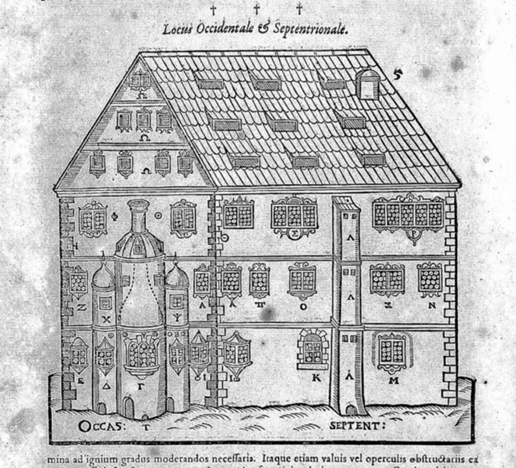 Dibujo de una “casa química”, la propuesta de Libavius sobre laboratorios