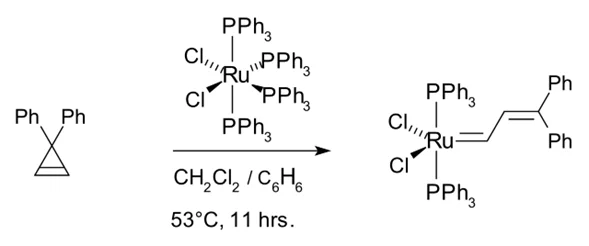 Catalizador Grubbs de primera generación. Se sintetiza a partir de RuCl2(PPh3)3, fenildiazometano y triciclohexilfosfina en una síntesis de una sola etapa.