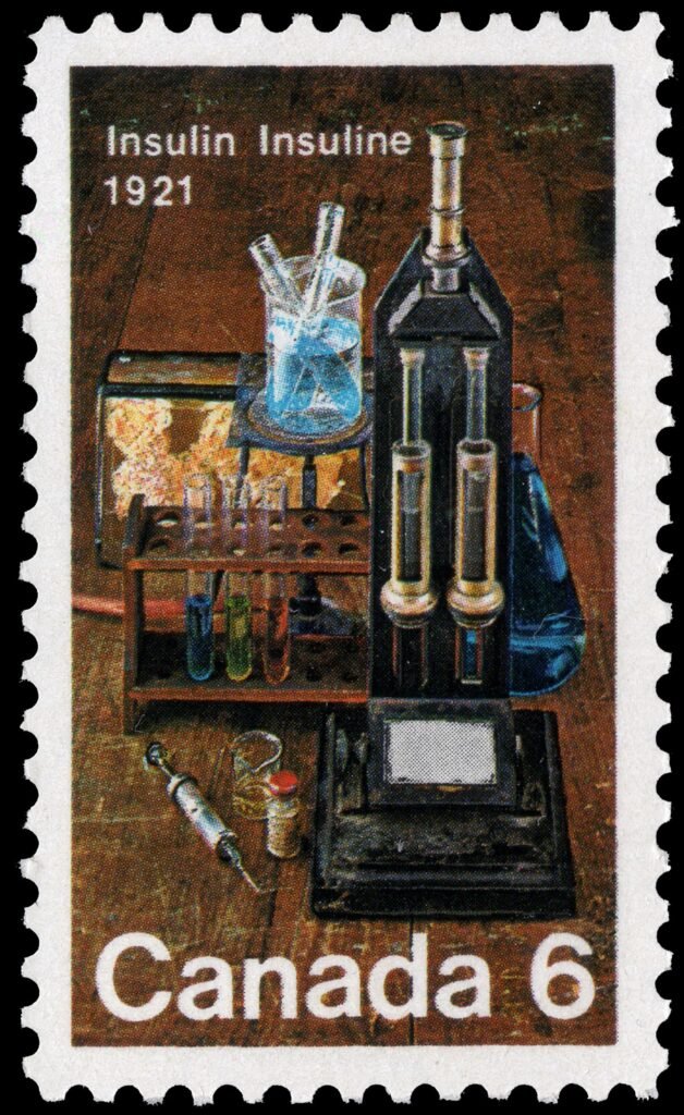 Sello postal canadiense en honor al descubrimiento de la insulina