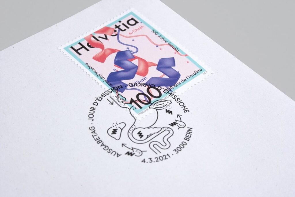 Sello postal y matasello suizo en honor a la insulina